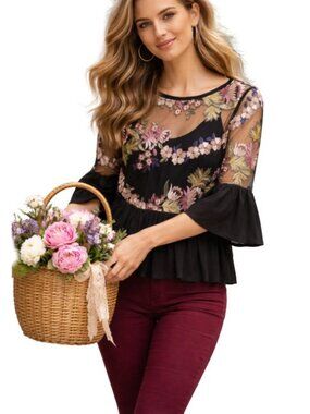 Anthropologie ERI + ALI Boho Floral Embroidered Sheer Black Mesh Blouse Sz L/XL